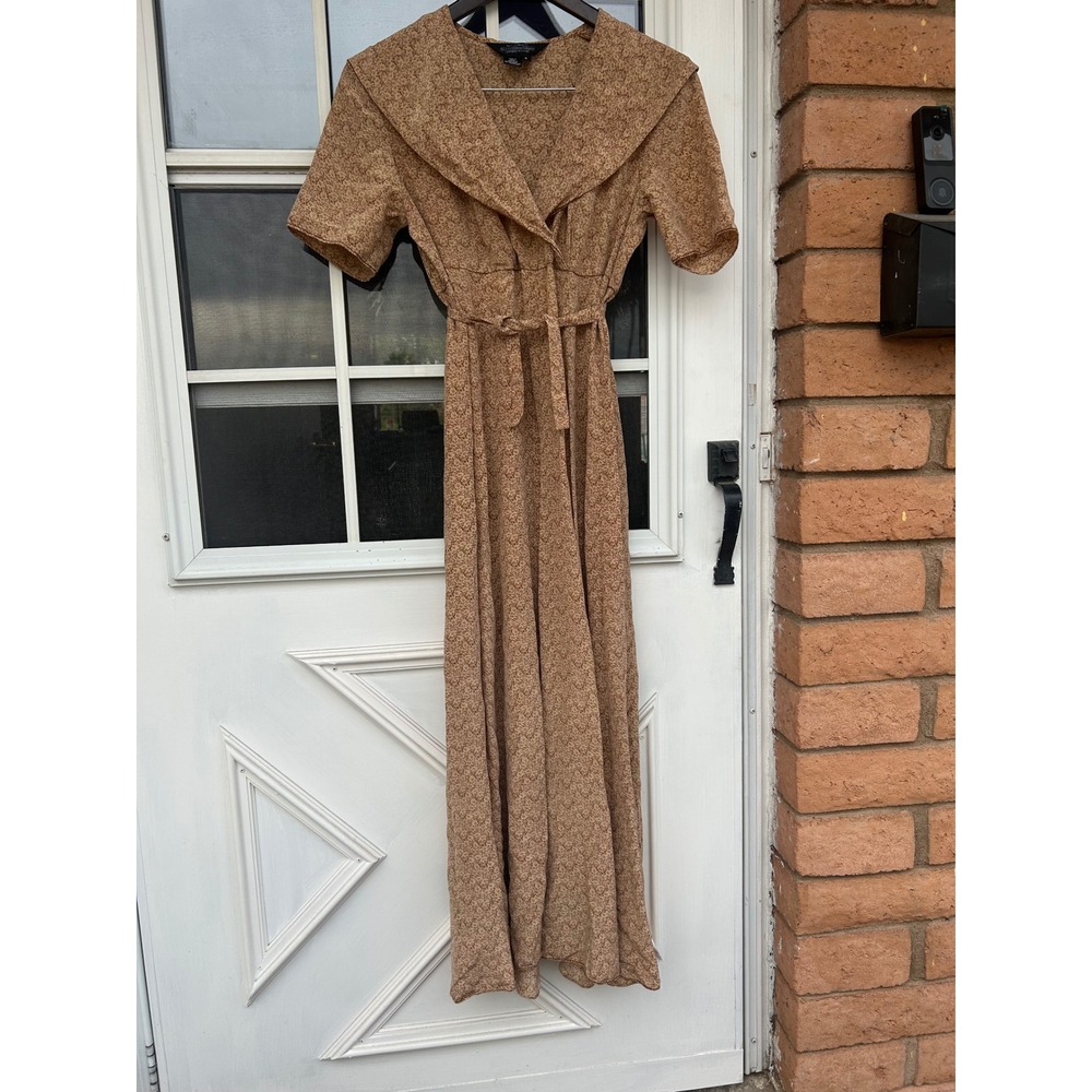 VTG J Peterman Silk Maxi Dress Tan‎ Floral Shawl Collar Sz 8 Cottagecore Modest